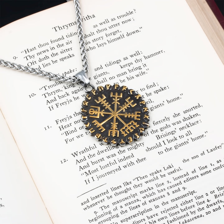 Helm of Awe Vegvisir Rune Pendant Necklace Stainless Steel Viking