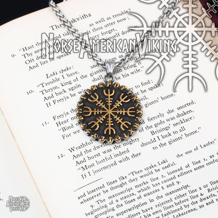 Viking Helm of Awe Vegvisir Rune Stainless Steel Pendant Necklace