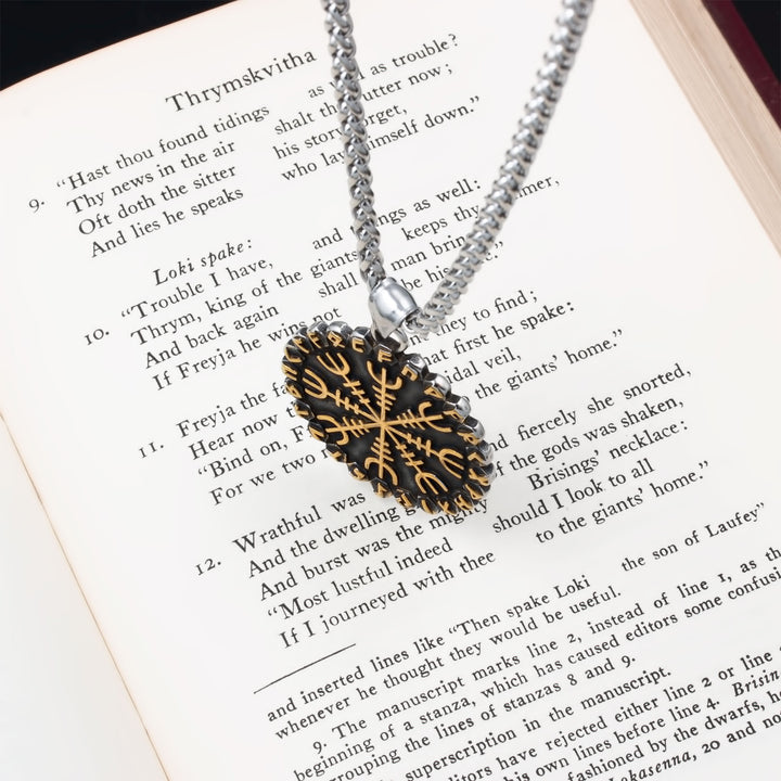 Helm of Awe Vegvisir Rune Gold Tone Viking Pendant Necklace 316L Stainless Steel