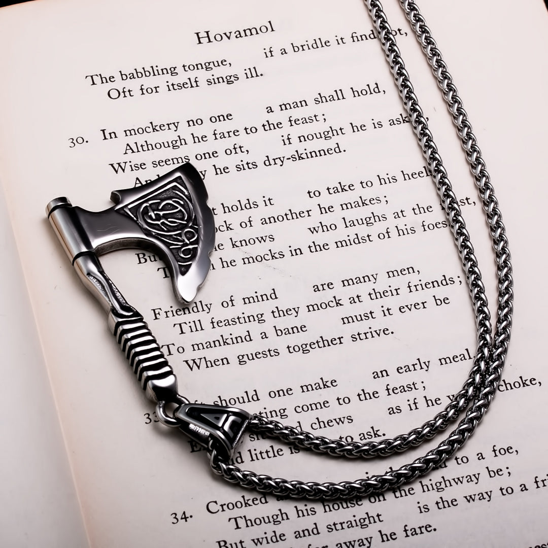 Axe Knurled Handle Pendant Necklace Stainless Steel Viking