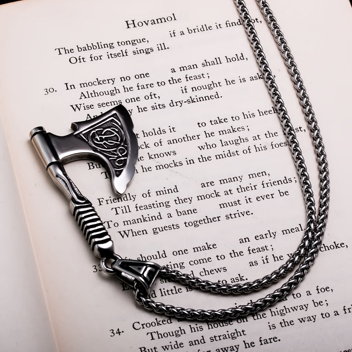Axe Knurled Handle Pendant Necklace Stainless Steel Viking