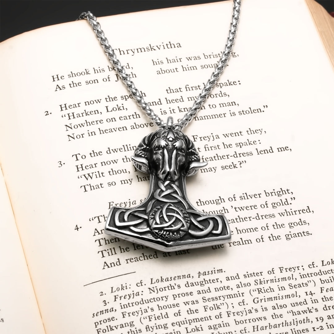 Viking Mjolnir Thor's Hammer Trinity Knot Goat Stainless Steel Pendant Necklace