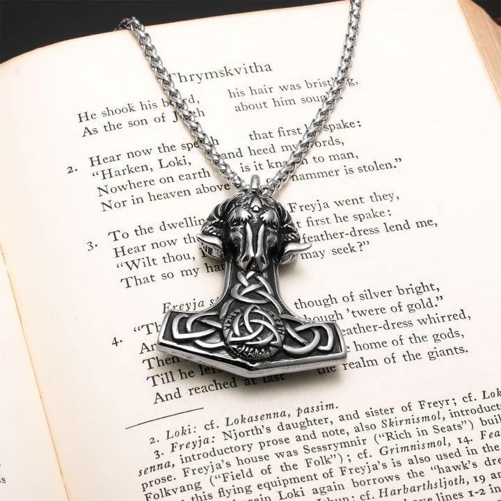 Viking Mjolnir Thor's Hammer Trinity Knot Goat Stainless Steel Pendant Necklace