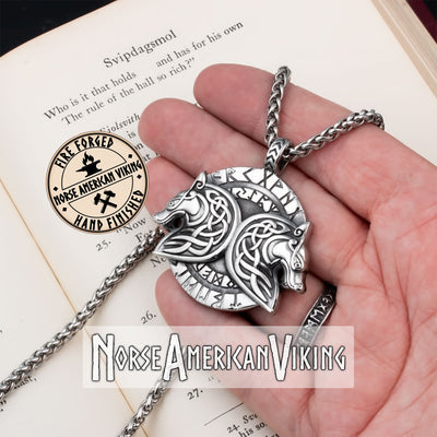 Viking Geri and Freki Wolf Rune Stainless Steel Pendant Necklace