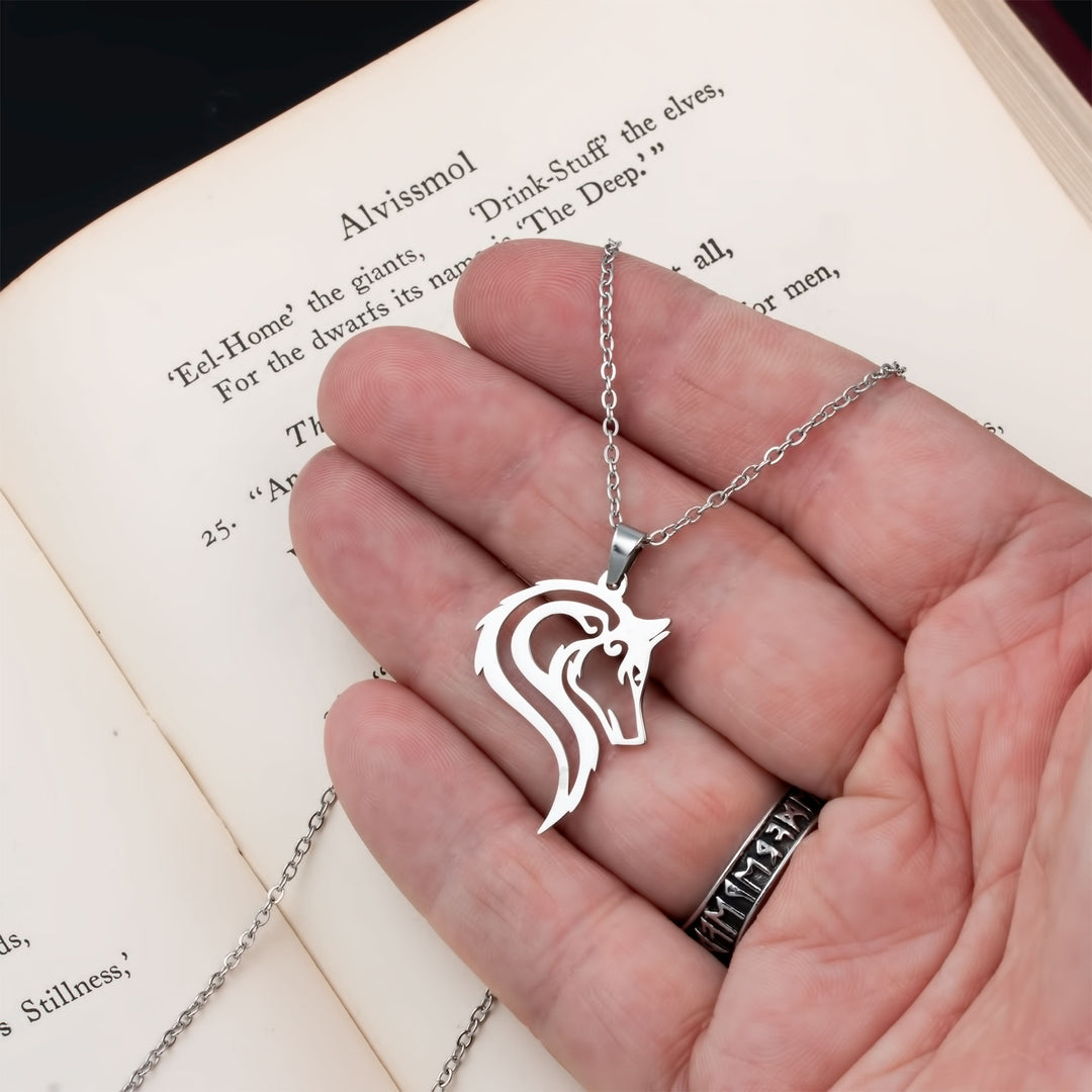 Fenrir Mini Wolf Head Pendant Necklace Stainless Steel Viking
