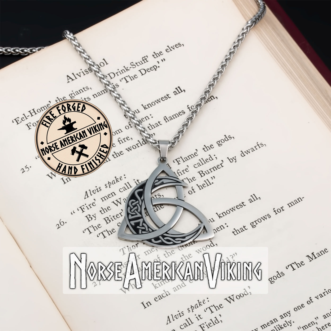 Viking Trinity Knot Crescent Moon Stainless Steel Pendant Necklace