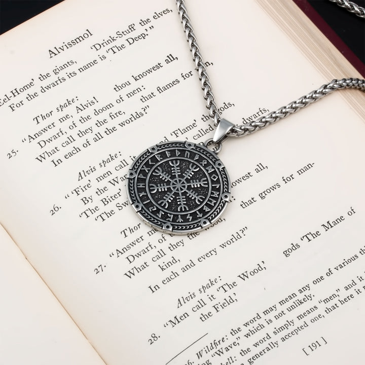 Helm of Awe Elder Futhark Rune Pendant Necklace 316L Stainless Steel Viking
