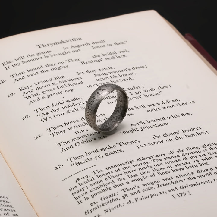 Viking Elder Futhark Rune Ring 7mm Band Ancient Grey 316L Stainless Steel