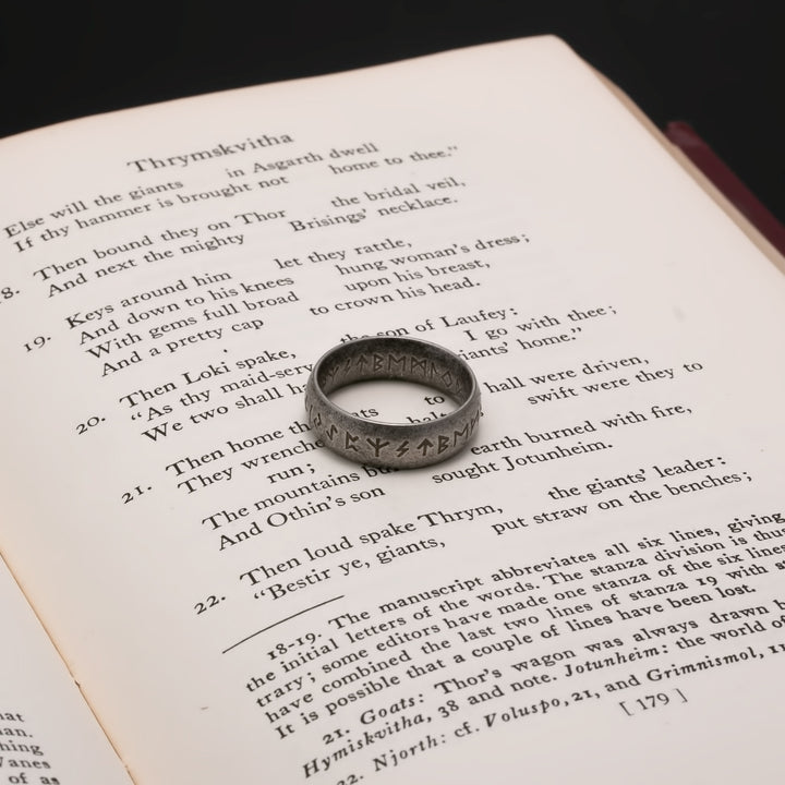 Viking Elder Futhark Rune Ring 7mm Band Ancient Grey 316L Stainless Steel