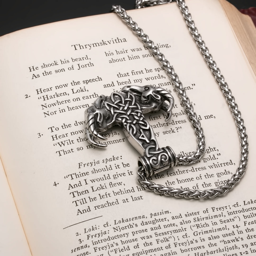 Viking Mjolnir Thor's Hammer Goat Head Stainless Steel Pendant Necklace