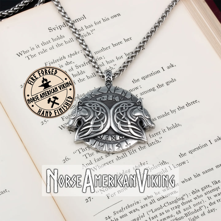 Viking Geri and Freki Wolf Rune Stainless Steel Pendant Necklace