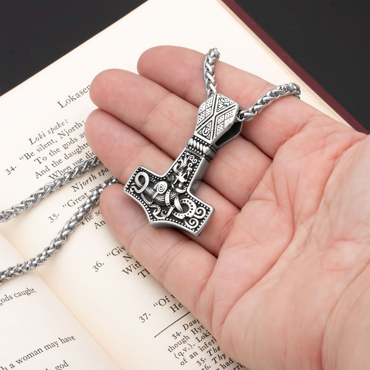 Mjolnir Thor's Hammer Jormungandr Pendant Necklace Stainless Steel Viking