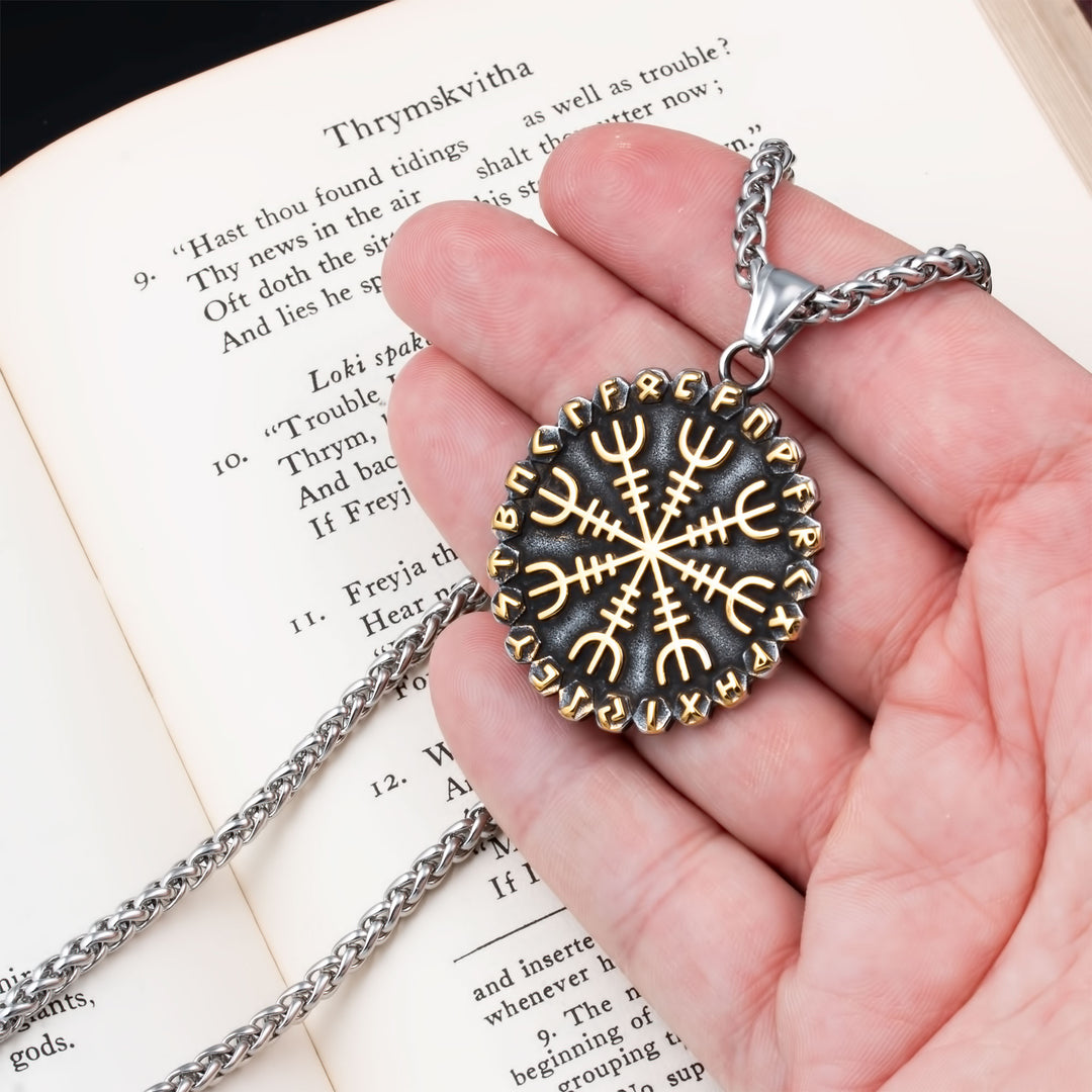 Helm of Awe Vegvisir Rune Pendant Necklace Stainless Steel Viking
