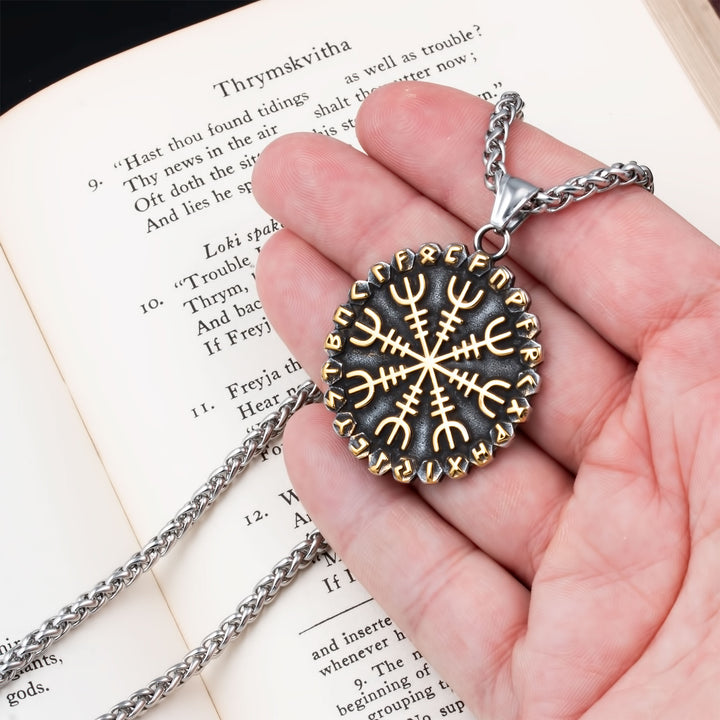 Helm of Awe Vegvisir Rune Pendant Necklace Stainless Steel Viking