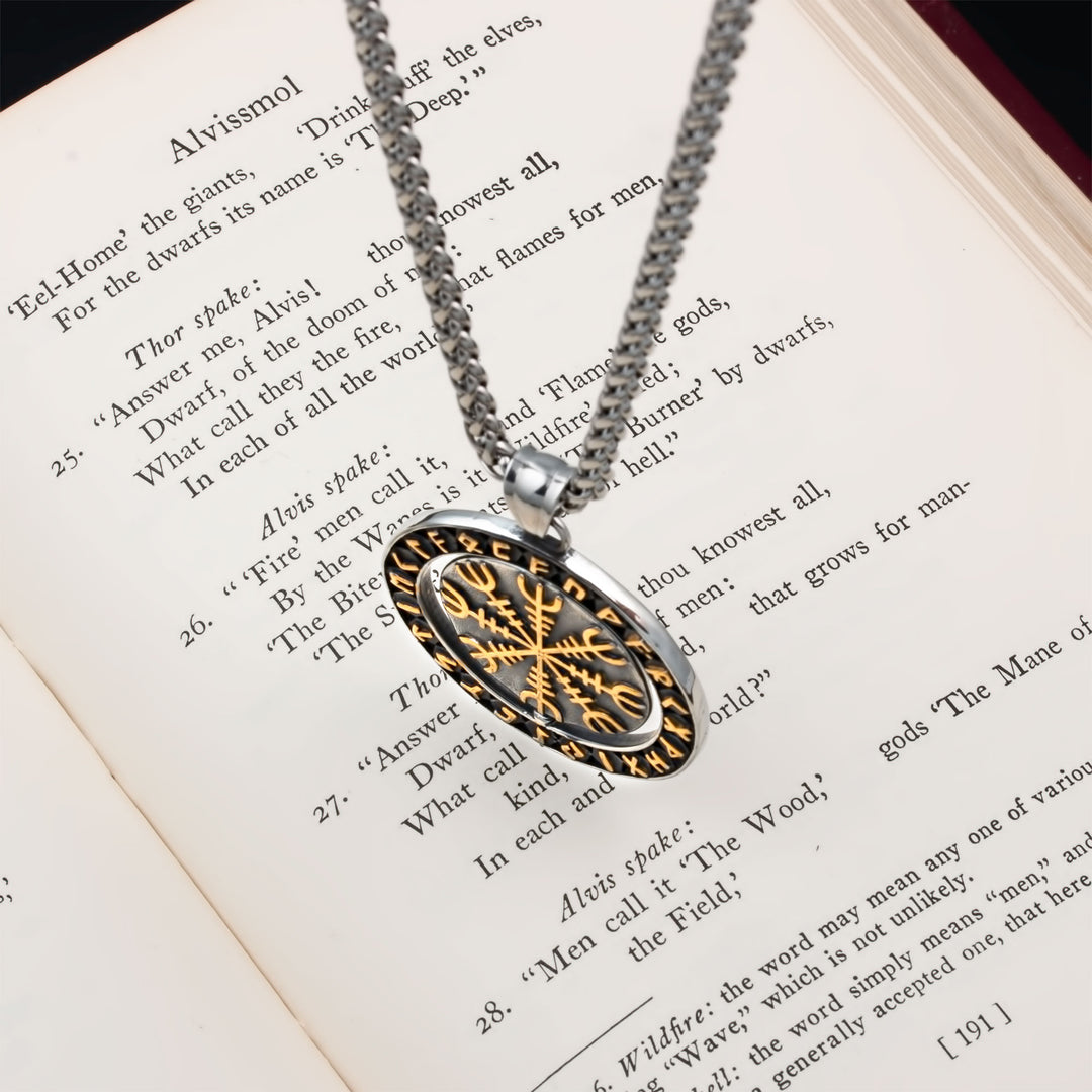 Spinner Helm of Awe Elder Futhark Rune Pendant Necklace Viking