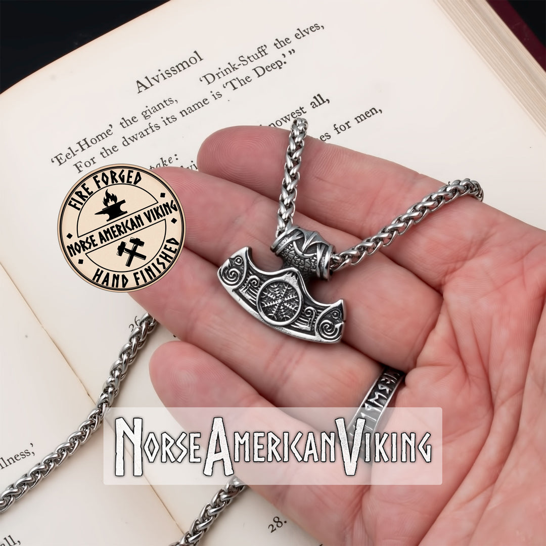 Viking Axe Helm of Awe Mini Pendant Necklace 316L Stainless Steel