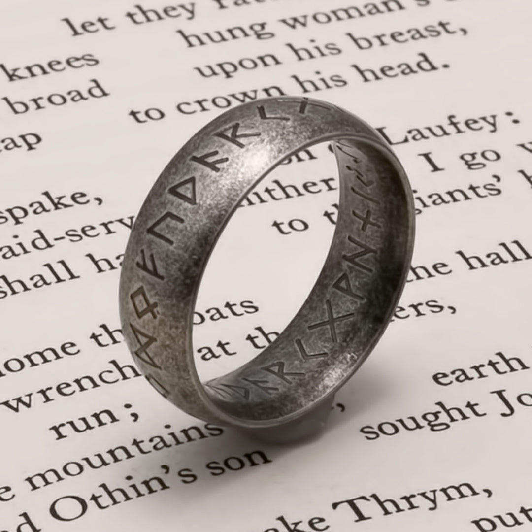 Viking Elder Futhark Rune Ring 7mm Band Ancient Grey 316L Stainless Steel
