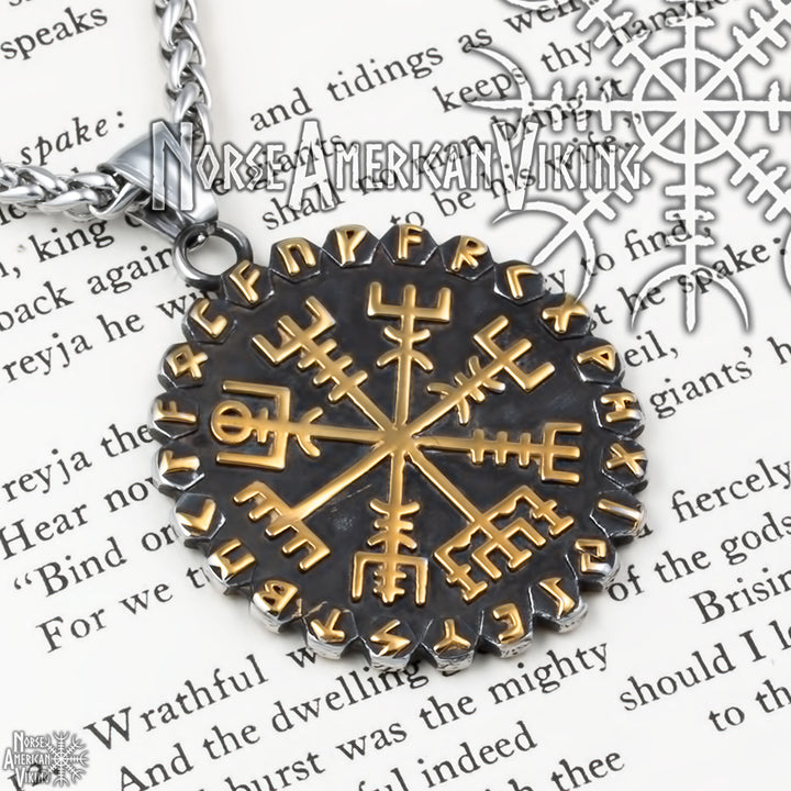 Viking Helm of Awe Vegvisir Rune Stainless Steel Pendant Necklace