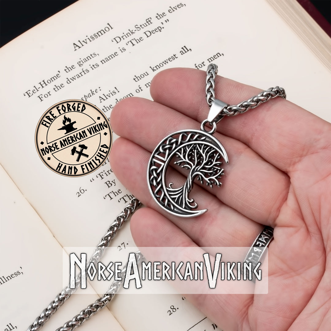 Viking Yggdrasil World Ash Tree Moon Stainless Steel Pendant Necklace