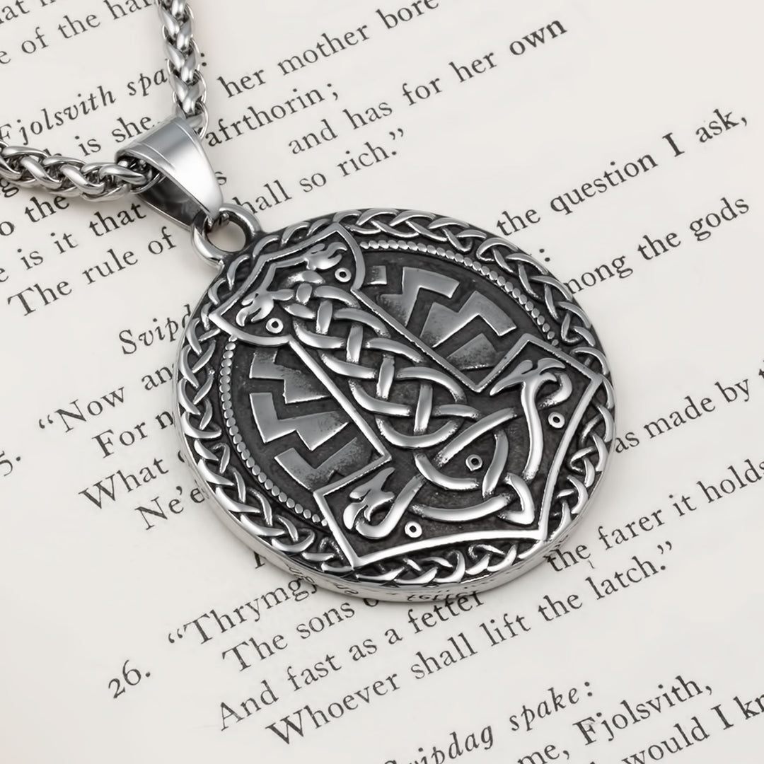 Mjolnir Sowilo Rune Medallion Pendant Necklace Stainless Steel Viking