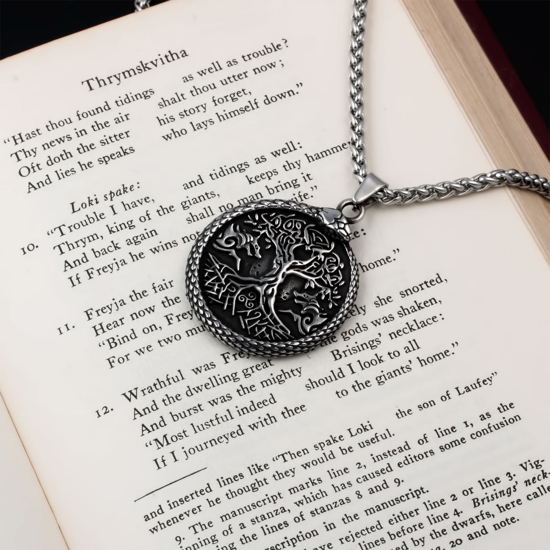 Yggdrasil World Ash Tree Wolf Pentagram Pendant Necklace Stainless Steel Viking