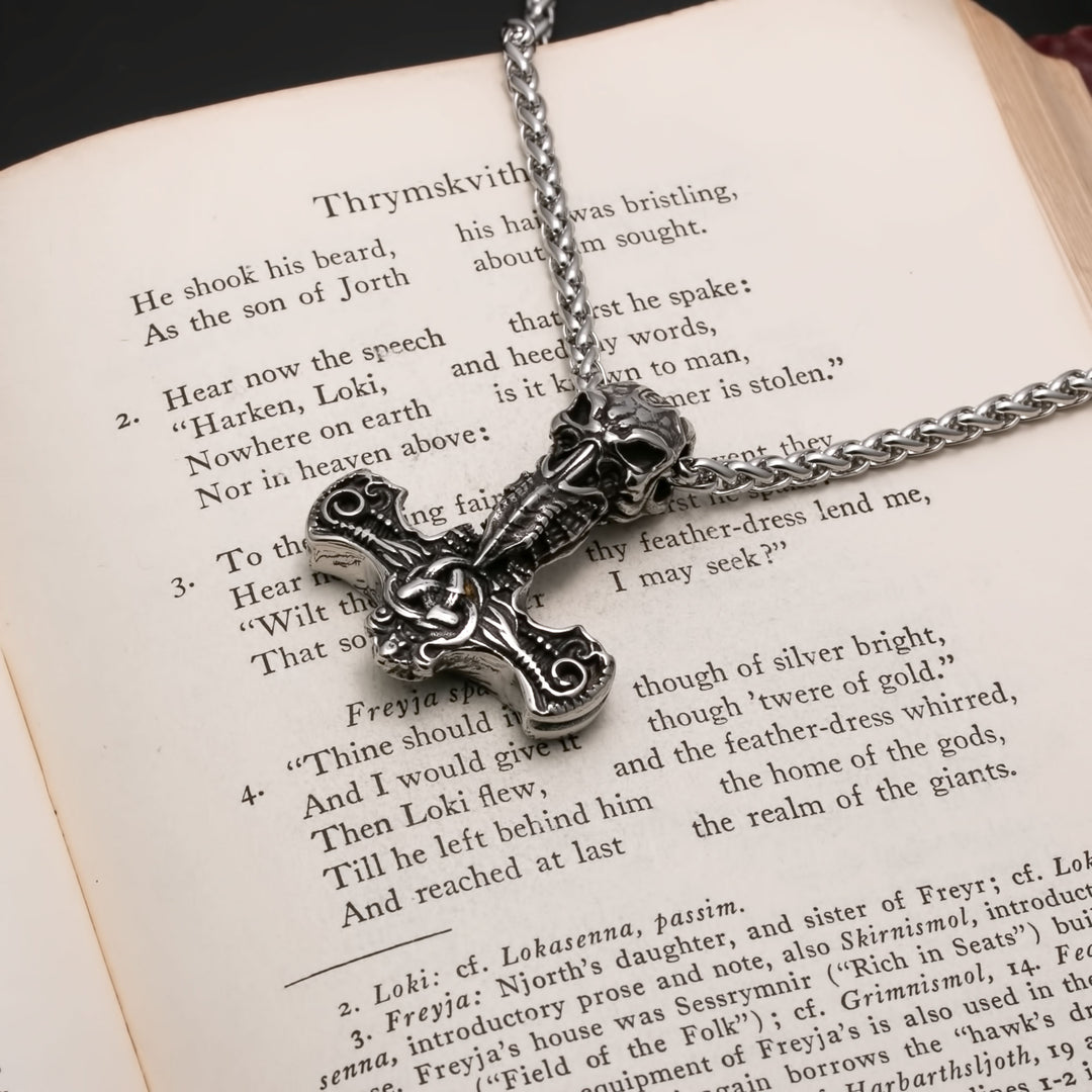 Viking Mjolnir Thor's Hammer Raven Skull Stainless Steel Pendant Necklace