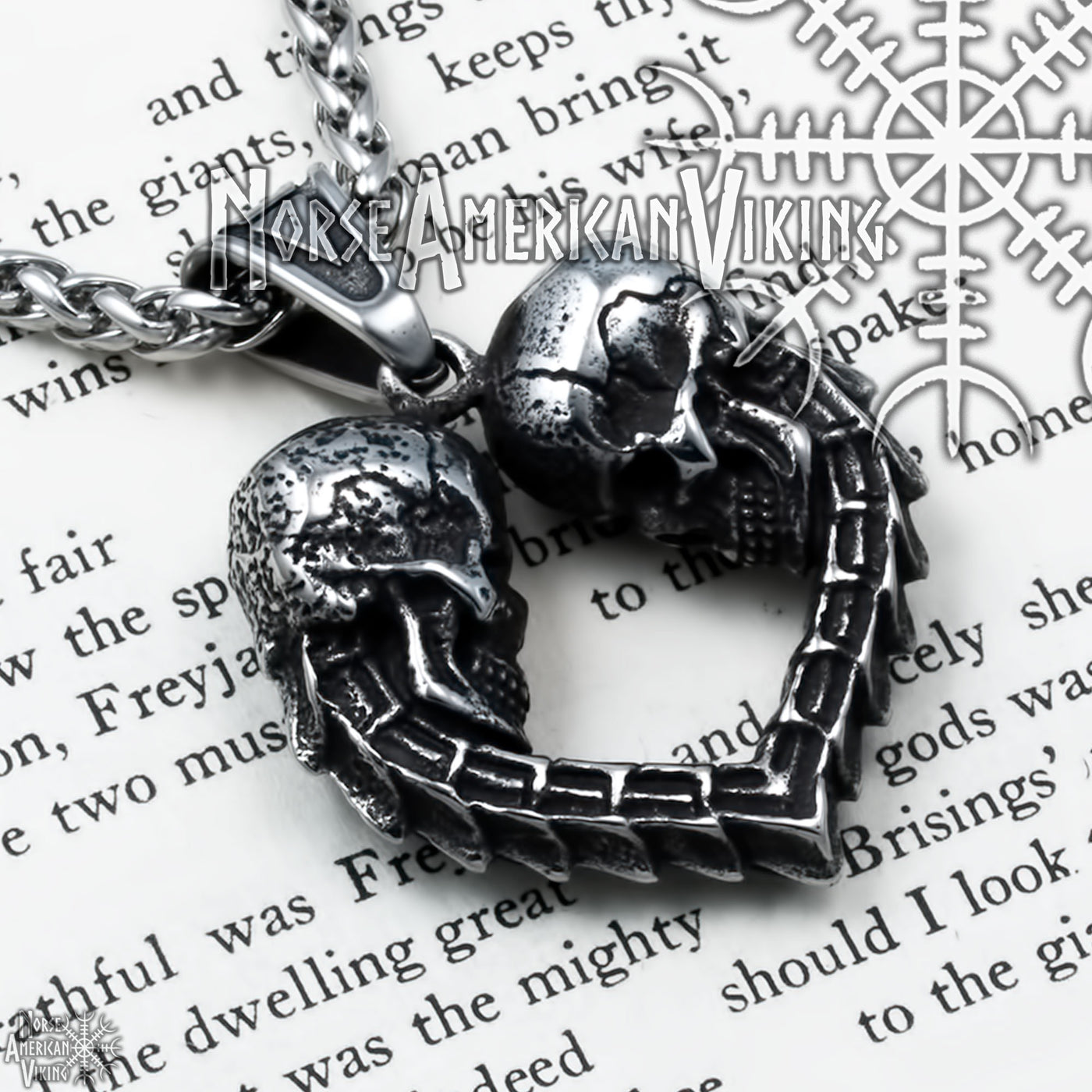Viking Skulls Heart Stainless Steel Pendant Necklace