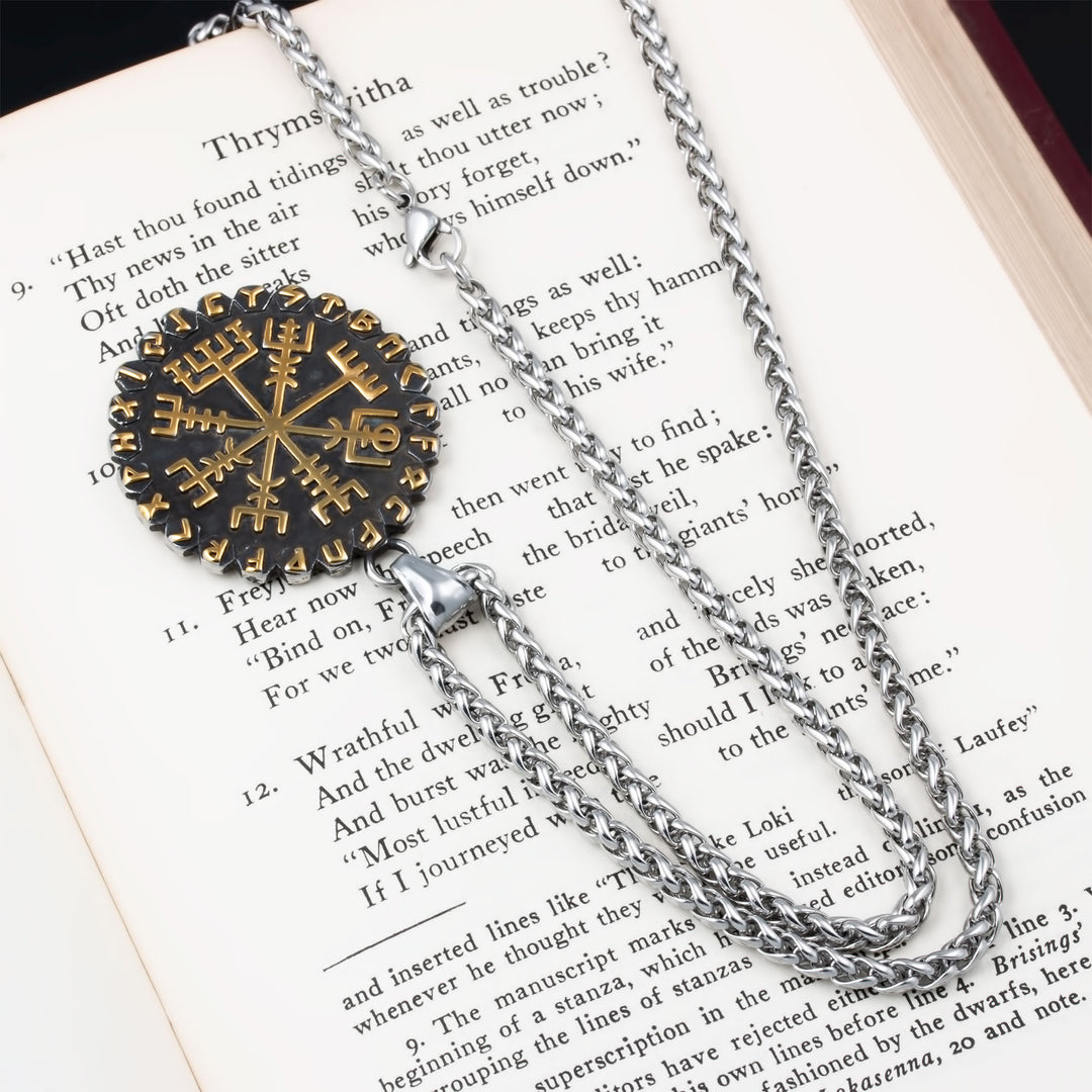 Helm of Awe Vegvisir Rune Pendant Necklace Stainless Steel Viking