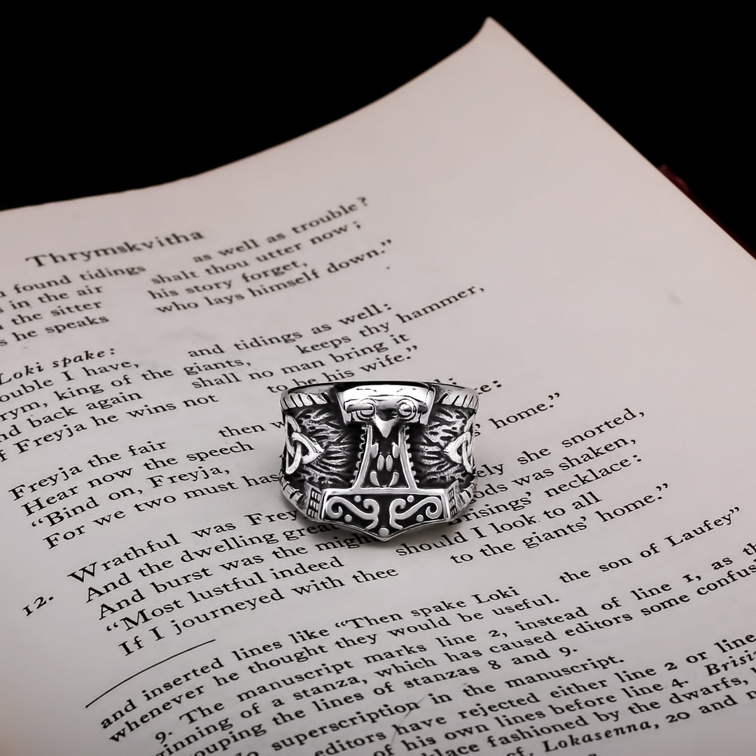 Viking Mjolnir Thor's Hammer Trinity Knot Ring 316L Stainless Steel