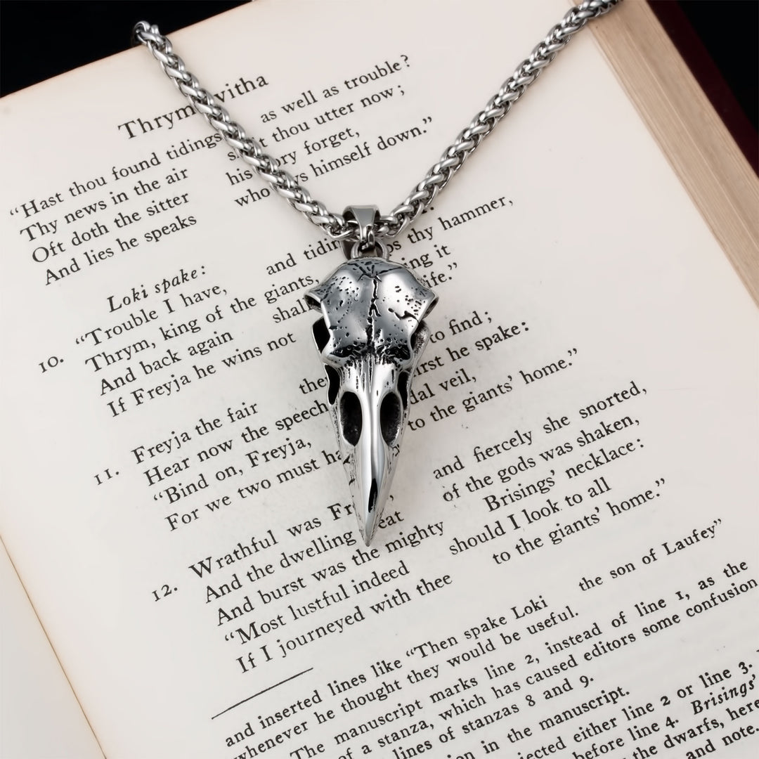 Raven Skull Pendant Necklace Stainless Steel Viking