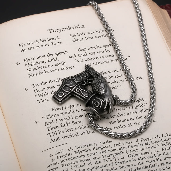 Viking Mjolnir Thor's Hammer Raven Stainless Steel Pendant Necklace