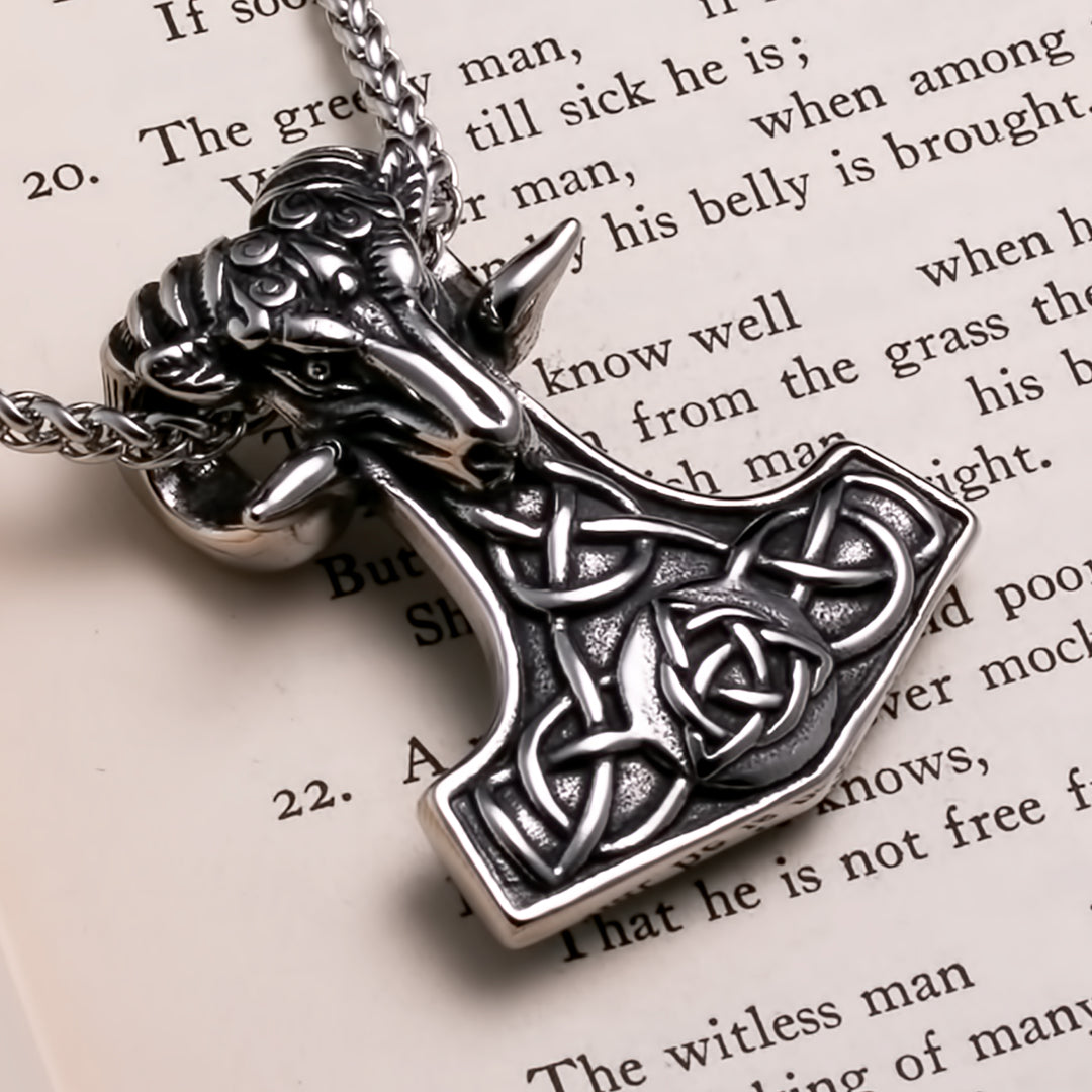 Viking Mjolnir Thor's Hammer Trinity Knot Goat Stainless Steel Pendant Necklace