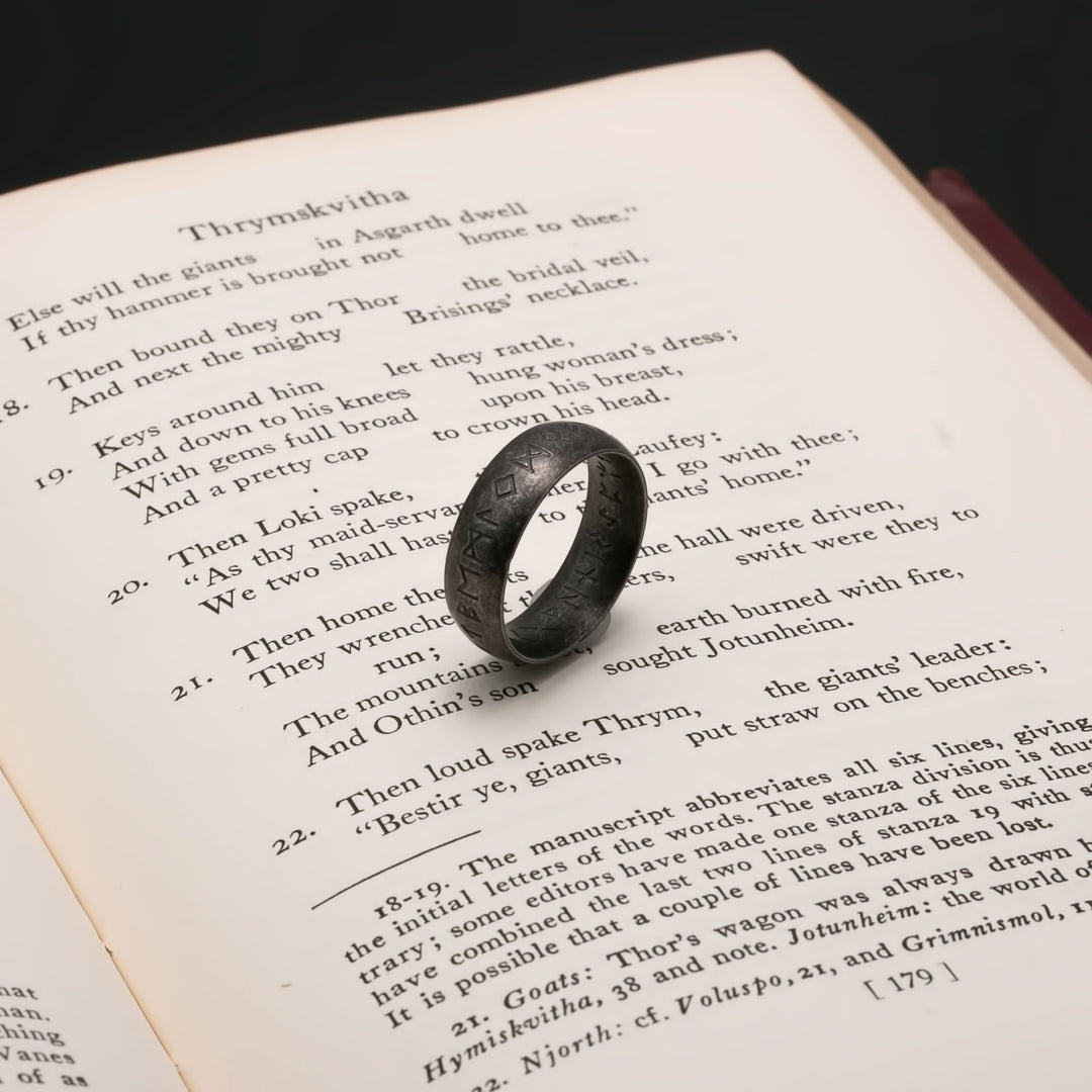 Viking Elder Futhark Rune Ring 7mm Band Ancient Dark 316L Stainless Steel