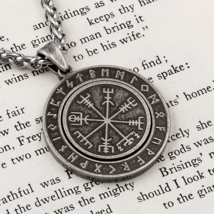 Vegvisir Elder Futhark Rune Spinner Pendant Necklace Stainless Steel Viking