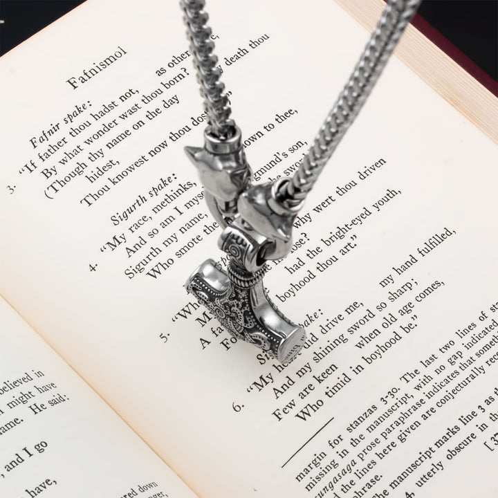 Mjolnir Thor's Hammer King Wolf Foxtail Necklace 316L Stainless Steel Viking