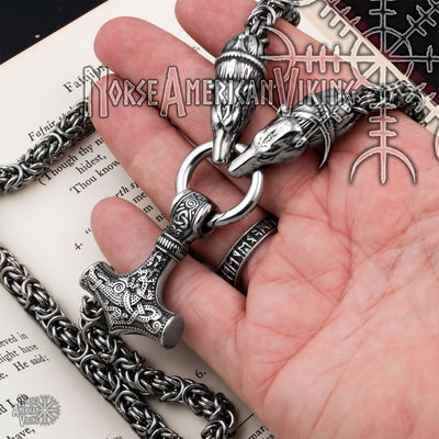 Viking Mjolnir Thor's Hammer King Bear Byzantine Necklace 316L Stainless Steel