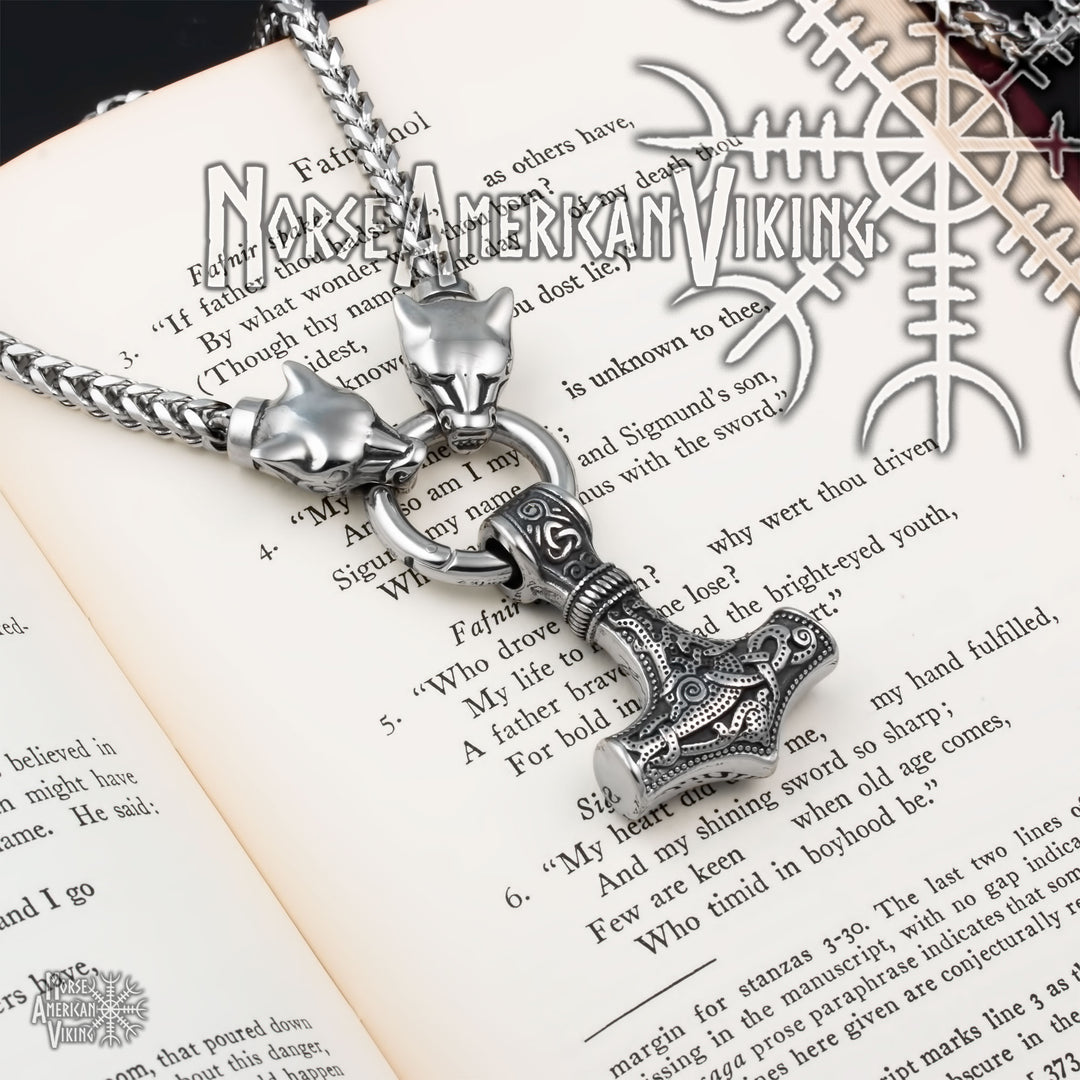 Viking Mjolnir Thor's Hammer King Wolf Foxtail Necklace 316L Stainless Steel