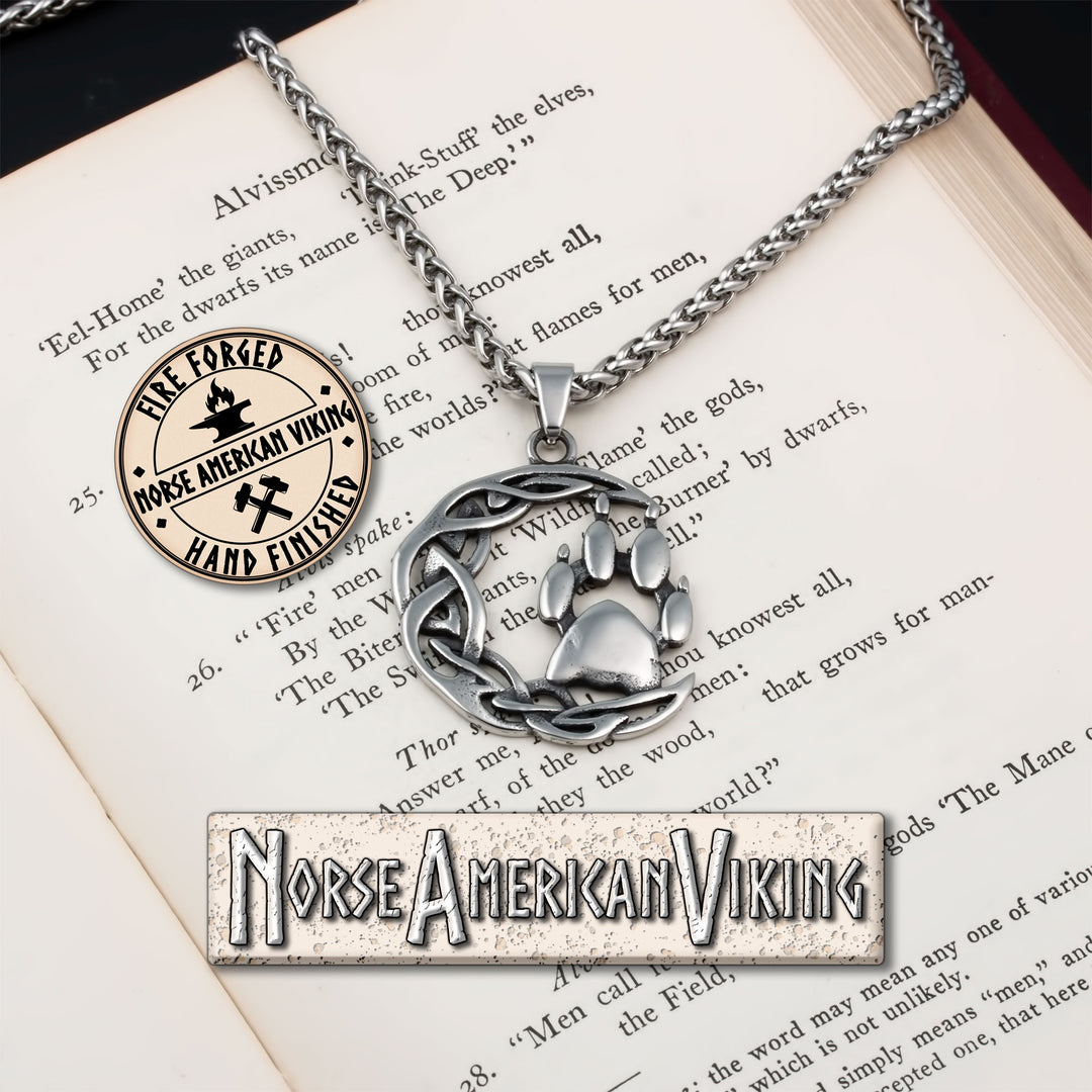 Viking Crescent Moon Wolf Paw Print Stainless Steel Pendant Necklace