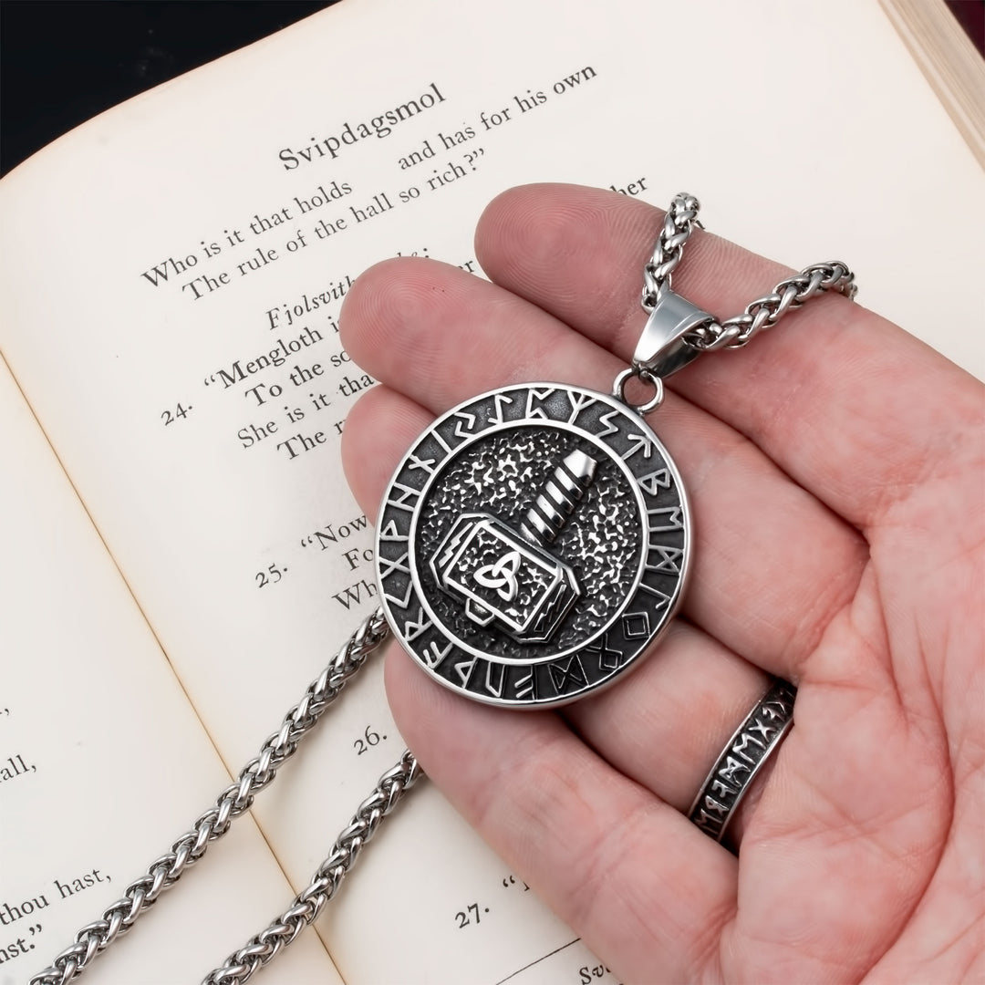 Mjolnir Rune Medallion Pendant Necklace Stainless Steel Viking