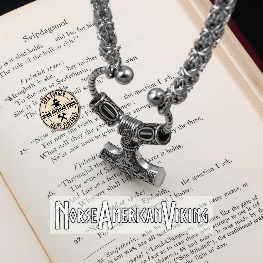 Viking Mjolnir Thor's Hammer King Rune Byzantine Necklace 316L Stainless Steel