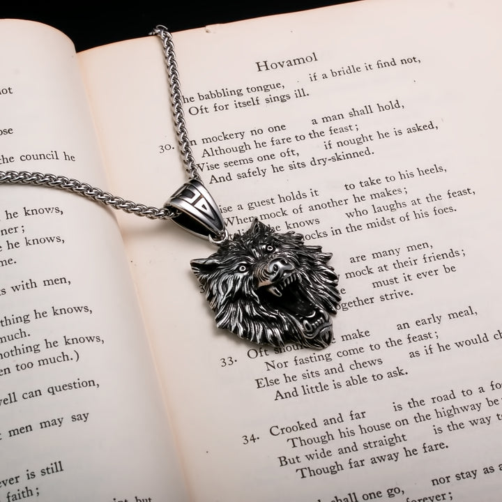 Viking Fenrir Wolf Head Stainless Steel Pendant Necklace