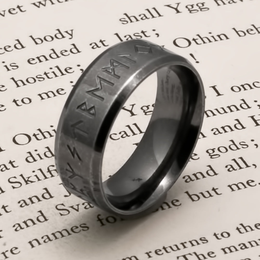 Viking Elder Futhark Rune Ring 8mm Band Ancient 316L Stainless Steel