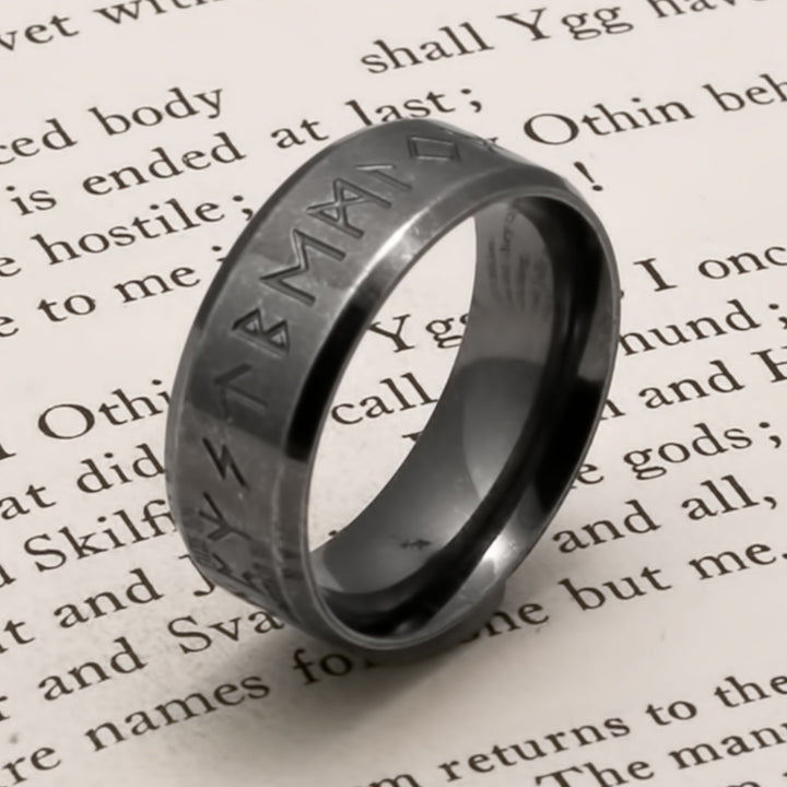 Viking Elder Futhark Rune Ring 8mm Band Ancient 316L Stainless Steel