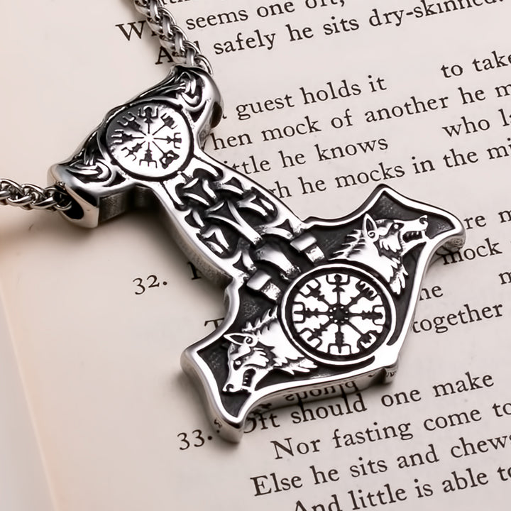 Viking Mjolnir Thor's Hammer Vegvisir Wolf Stainless Steel Pendant Necklace