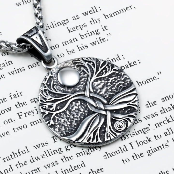 Yggdrasil World Ash Tree Moon Pendant Necklace Stainless Steel Viking