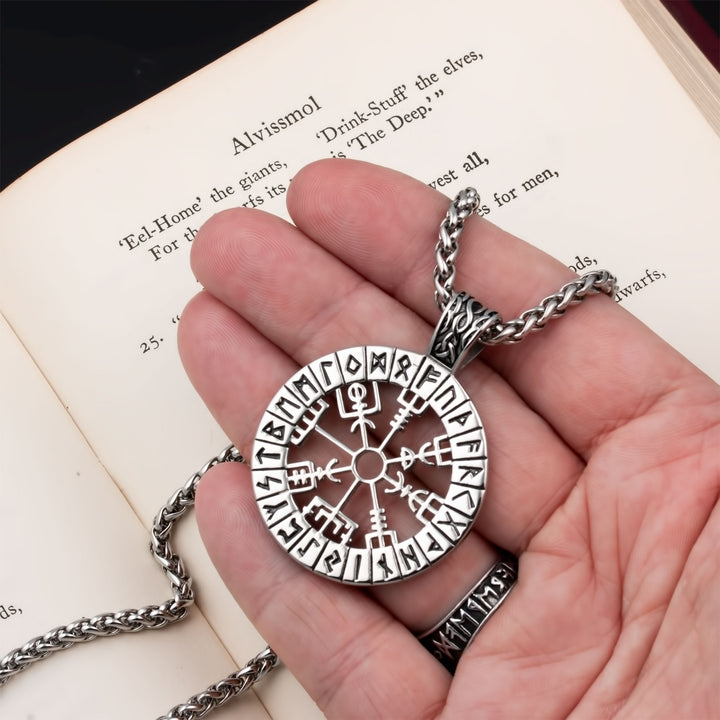 Vegvisir Compass Elder Futhark Rune Pendant Necklace Stainless Steel Viking