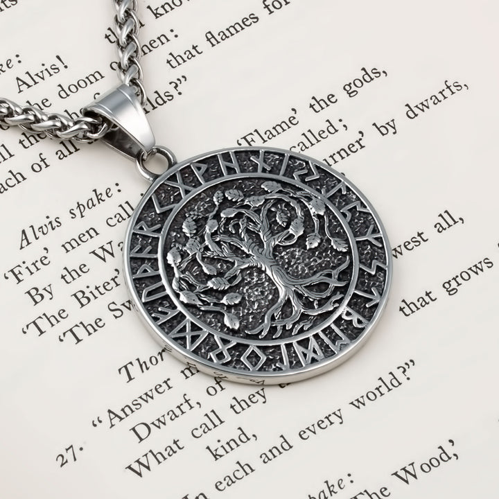 Yggdrasil World Tree Rune Pendant Necklace Stainless Steel Viking