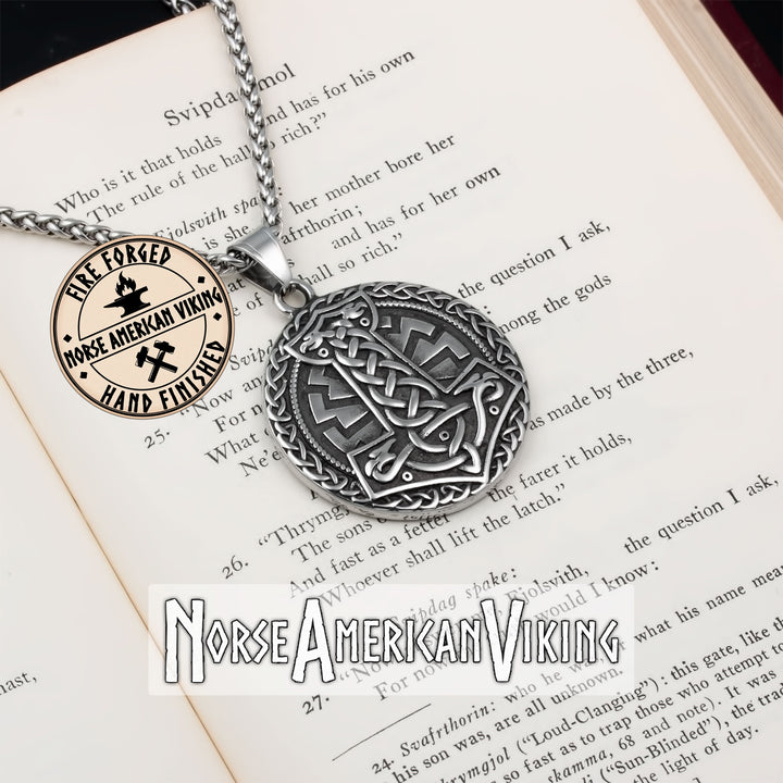 Viking Mjolnir Sowilo Rune Medallion Stainless Steel Pendant Necklace