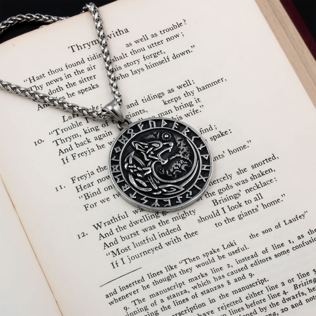 Fenrir Wolf Rune Pendant Necklace Stainless Steel Viking
