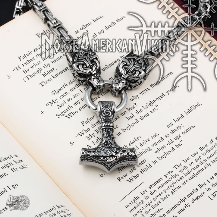 Viking Mjolnir Thor's Hammer King Wolf Byzantine Necklace 316L Stainless Steel